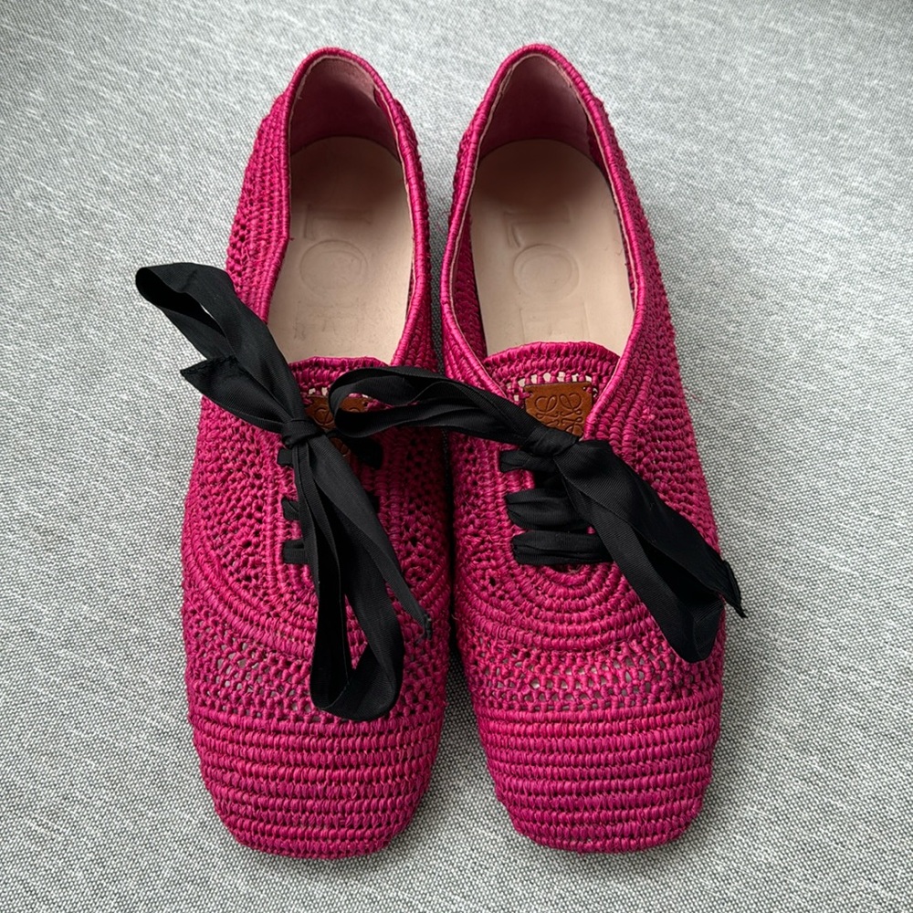 Loewe Cloth Raffia Flats Pink